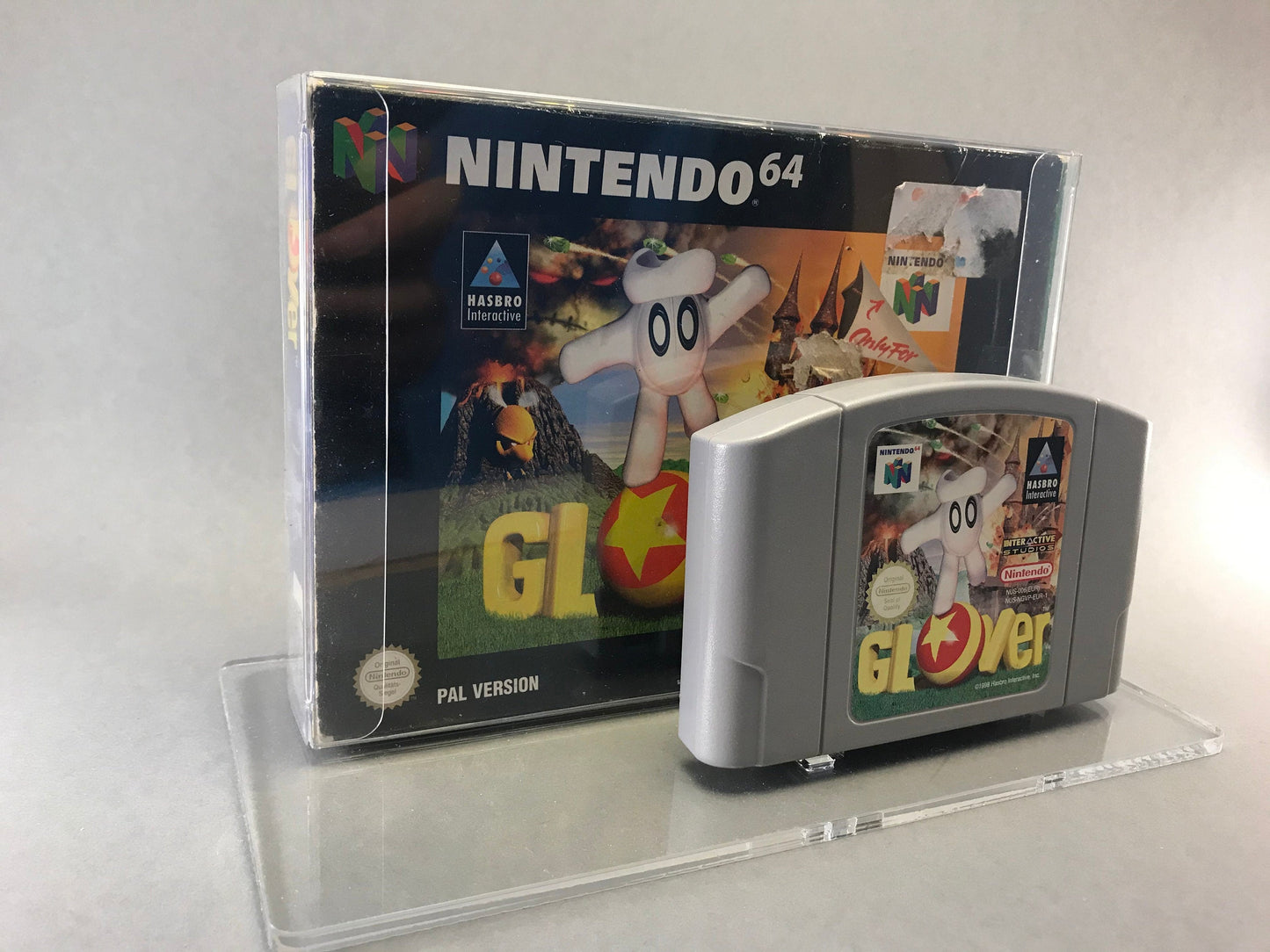 Acryl Aufsteller, Displayständer für Nintendo N64 Modul + OVP Box